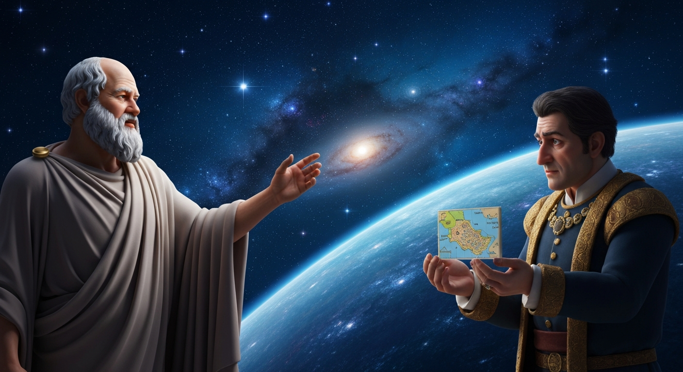 सॉक्रेटिस एका श्रीमंत व्यक्तीला अहंकार आणि त्याचे दुष्परिणाम समजावत आहे. Socrates teaching a rich man about ego's harmful effects.