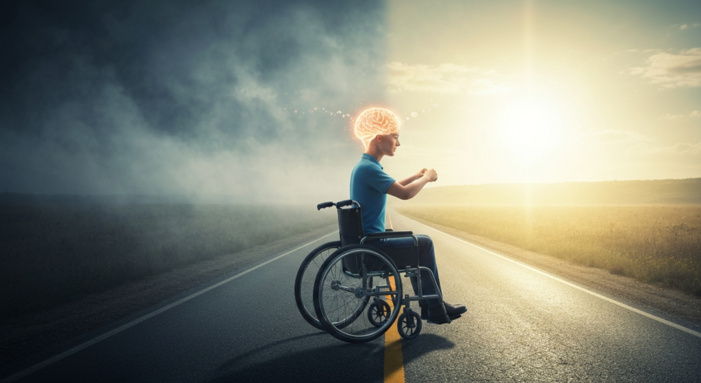 एक व्यक्ती अनिश्चिततेची जबाबदारी स्वीकारून सकारात्मकतेने भविष्याकडे पाहत आहे, मानसिक दृढता आणि आशा दर्शवत आहे.