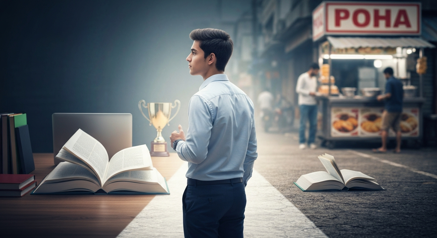 एक तरुण विद्यार्थी आत्मचिंतन करत योग्य निर्णय घेताना दिसत आहे, त्याच्या समोर यशाचा आणि अपयशाचा मार्ग स्पष्ट होत आहे. Self-reflection for right decisions.