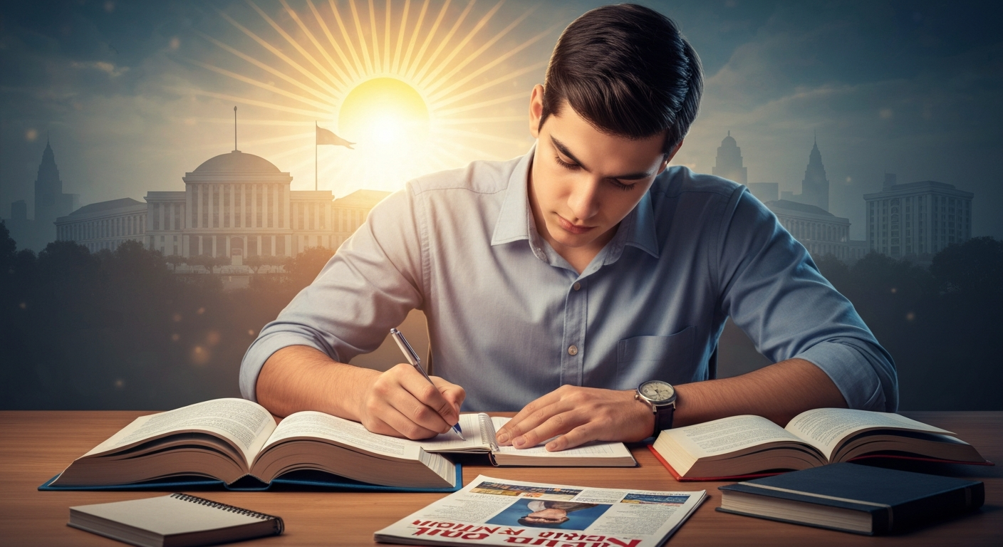 सरकारी नोकरीसाठी 'अत्यावश्यक आहे' ही बांधिलकी दाखवणारा अभ्यास करणारा विद्यार्थी. Student studying, showing commitment essential for government jobs.