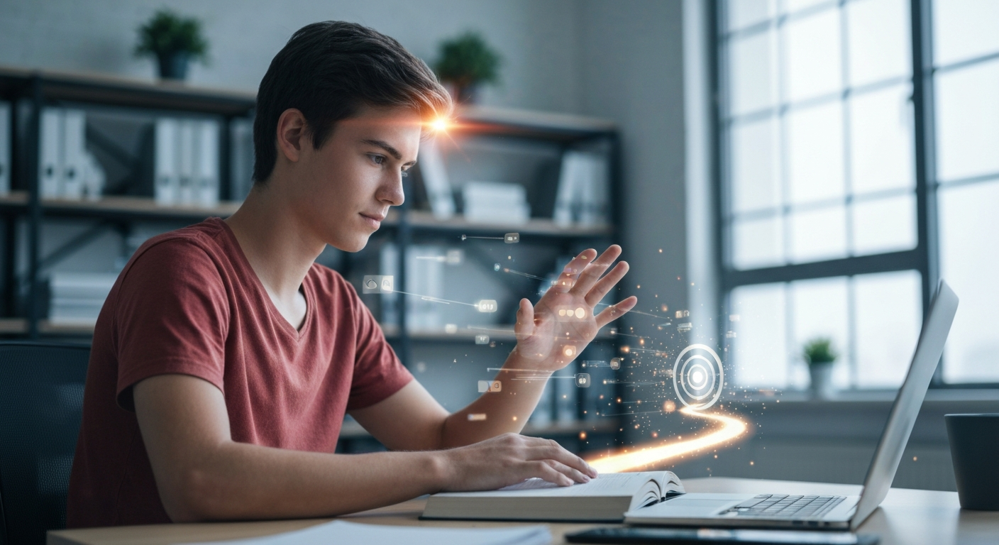 ध्येय निश्चिती: विद्यार्थी सोशल मीडियाच्या विचलनावर मात करून यशाकडे वाटचाल करत आहे. Goal setting: Student overcoming social media distractions, moving towards success.