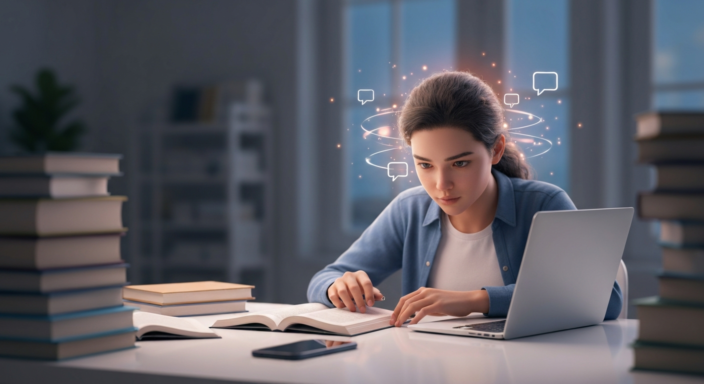 एकाग्रतेने अभ्यास करणारा विद्यार्थी शांत वातावरणात, मोबाईल डिस्ट्रॅक्शन टाळून. | A student doing concentrated study in a calm environment, avoiding mobile distractions.