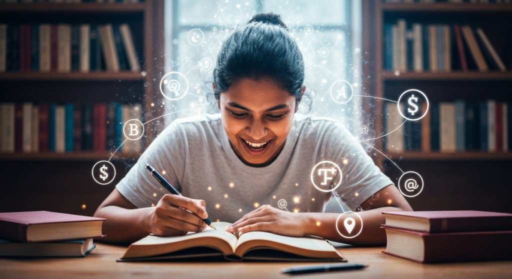 ज्ञानार्जन करताना दिसणारा एक विद्यार्थी, जो पुस्तके वाचून आणि विचारातून नवीन ज्ञान आत्मसात करत आहे. A student acquiring knowledge (ज्ञानार्जन) through reading and thoughtful reflection.