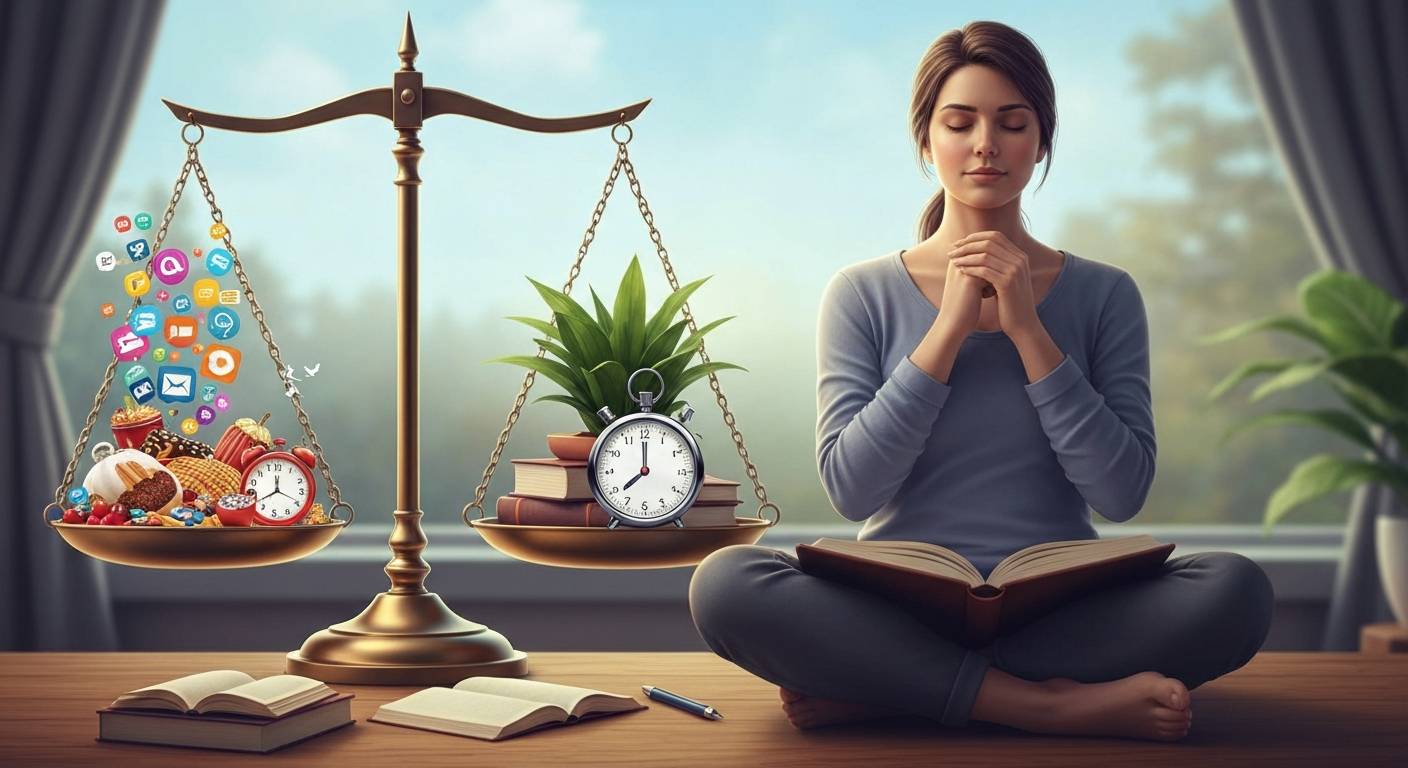 जीवन पुनर्विलोकन आणि जीवनातील संतुलन दर्शवणारे चित्र. अतिरेक टाळून आरोग्यदायी जीवनशैली कशी जपावी यावर विचारमंथन.