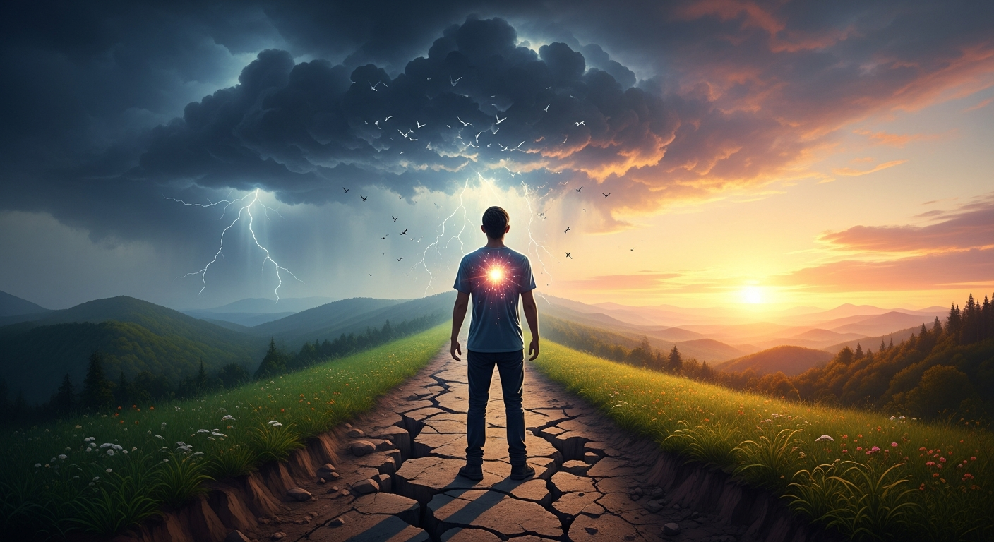 कठीण वेळात आंतरिक शक्ती, रचनात्मकता आणि यशाकडे वाटचाल दर्शवणारे प्रेरणादायी चित्र.