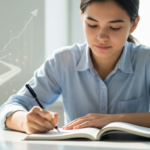 मन आणि यश साधण्यासाठी अभ्यास करताना एकाग्र आणि सकारात्मक दृष्टिकोन असलेला विद्यार्थी. A focused student with a positive outlook while studying to achieve Mind and Success.