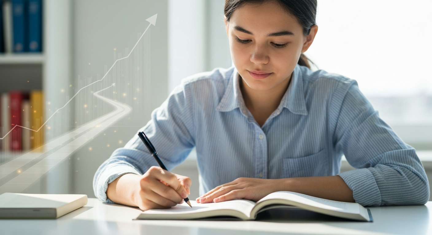 मन आणि यश साधण्यासाठी अभ्यास करताना एकाग्र आणि सकारात्मक दृष्टिकोन असलेला विद्यार्थी. A focused student with a positive outlook while studying to achieve Mind and Success.