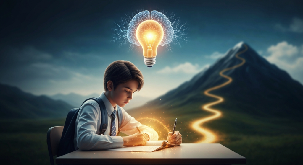 सकारात्मक दृष्टिकोन ठेवून अभ्यासात आणि जीवनात यश मिळवणाऱ्या विद्यार्थ्याची प्रेरणादायी प्रतिमा.