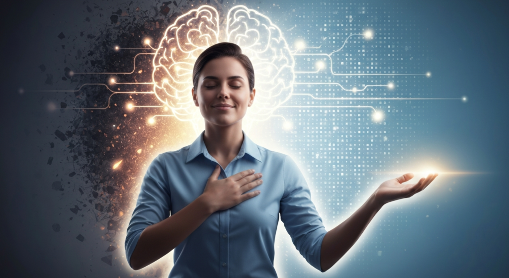 एक व्यक्ती सकारात्मक विचारांनी आशावादी दिसत आहे, कृतज्ञता आणि REBT द्वारे भावनांवर नियंत्रण मिळवत आहे.