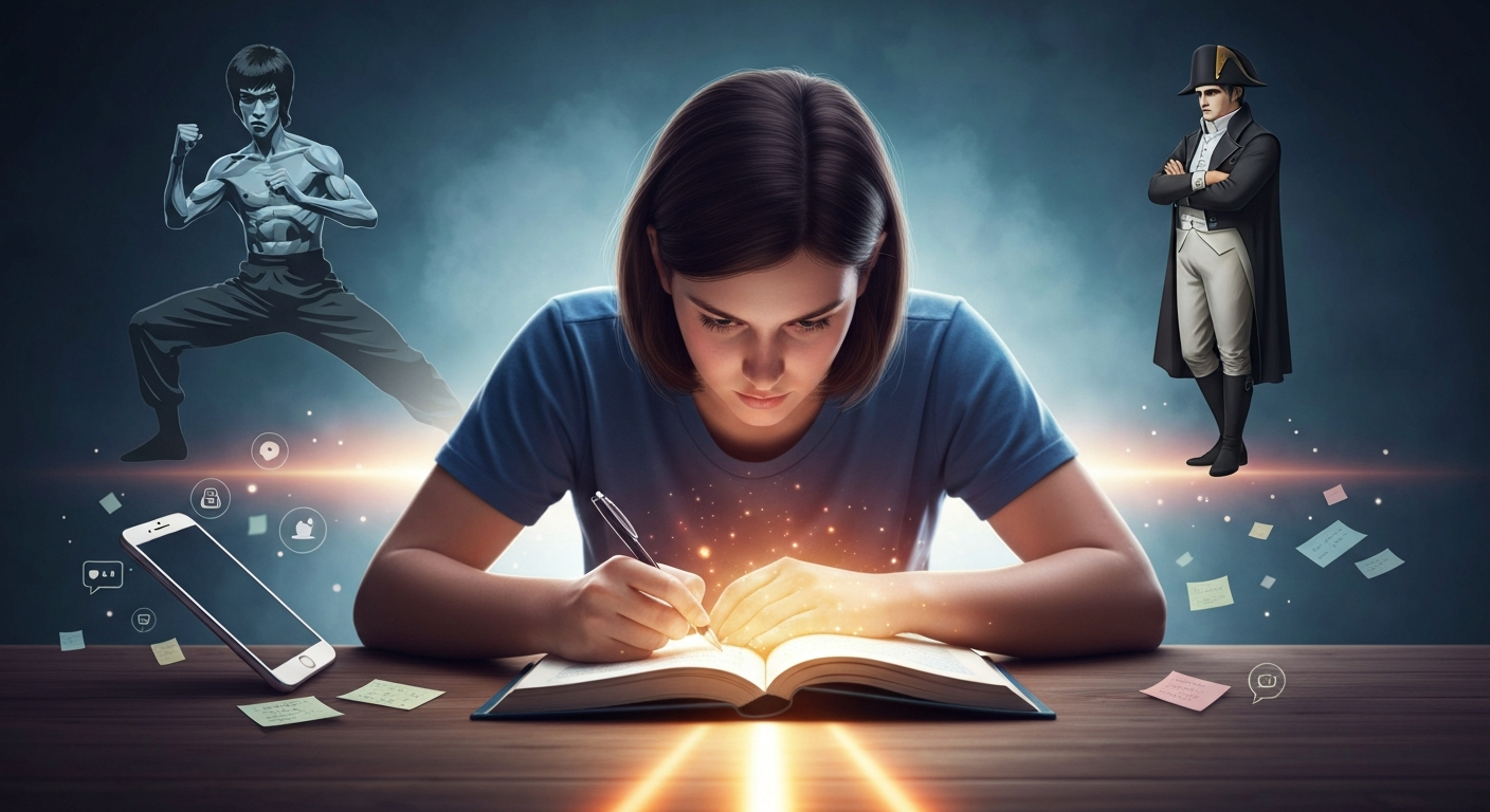 विद्यार्थी एकाग्रतेने अभ्यास करत आहे, सातत्य आणि कठोर परिश्रमातून यश मिळवत आहे. | Student studying with focus, achieving success through consistency and hard work.