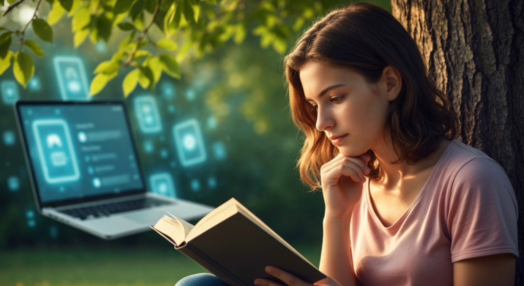 डिजिटल युगातील मानसिक शांततेसाठी वाचन संस्कृतीचे महत्त्व दर्शवणारे चित्र.