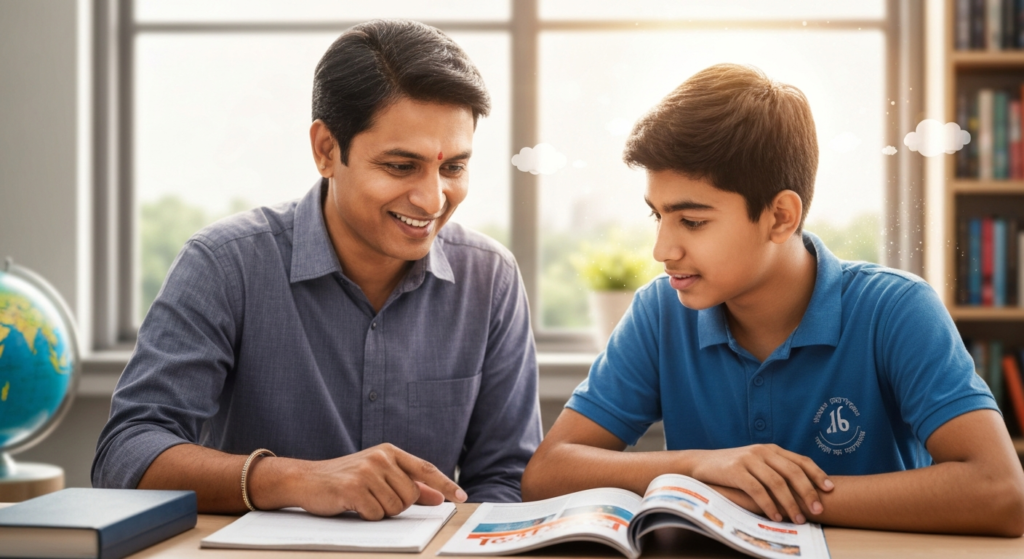 एक शिक्षक एक विद्यार्थी दत्तक योजनेतून विद्यार्थ्याला मार्गदर्शन करणारा शिक्षक, उज्ज्वल भविष्याची आशा दाखवतो. | A teacher guiding a student through the One Teacher One Student Adopted initiative, symbolizing hope for a bright future.