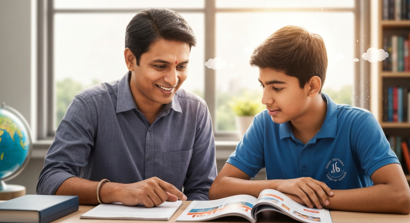 एक शिक्षक एक विद्यार्थी दत्तक योजनेतून विद्यार्थ्याला मार्गदर्शन करणारा शिक्षक, उज्ज्वल भविष्याची आशा दाखवतो. | A teacher guiding a student through the One Teacher One Student Adopted initiative, symbolizing hope for a bright future.