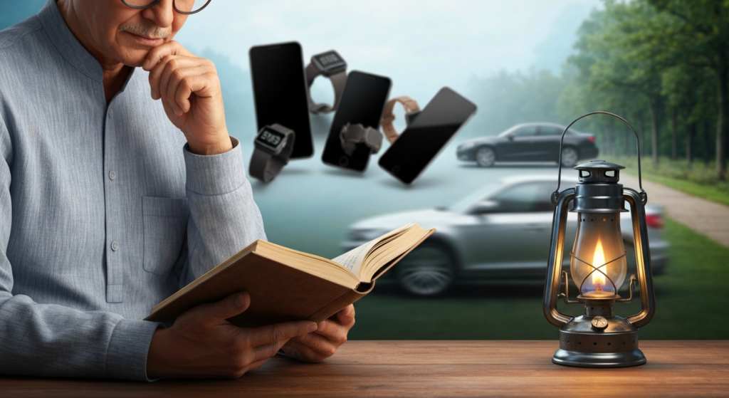 एक शांत व्यक्ती पुस्तक वाचत आहे, जे दर्शवते की काही गोष्टींना पर्याय नसतो, जसे की ज्ञान आणि आरोग्य. | A calm person reading a book, illustrating that some things have no alternative, like knowledge and health.