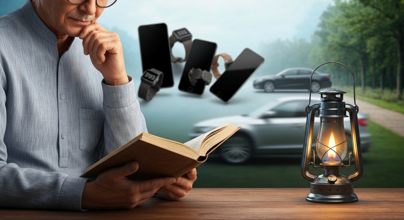 एक शांत व्यक्ती पुस्तक वाचत आहे, जे दर्शवते की काही गोष्टींना पर्याय नसतो, जसे की ज्ञान आणि आरोग्य. | A calm person reading a book, illustrating that some things have no alternative, like knowledge and health.