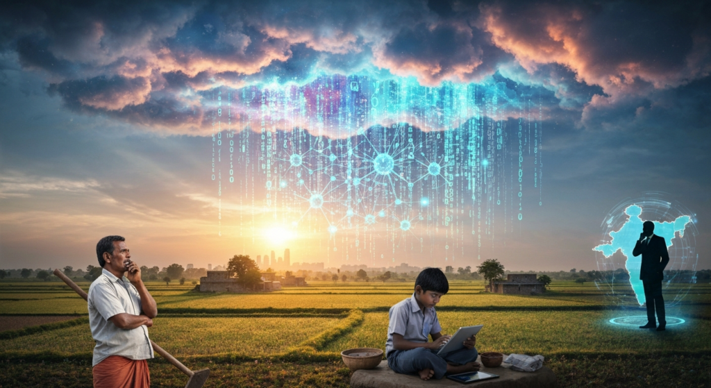 ग्रामीण भारत आणि शहरांवर कृत्रिम बुद्धिमत्ता (AI) च्या 'ढगफुटी'चा परिणाम दर्शवणारे चित्र, डिजिटल दरी आणि सरकारी धोरणांची गरज अधोरेखित करते.
