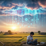 ग्रामीण भारत आणि शहरांवर कृत्रिम बुद्धिमत्ता (AI) च्या 'ढगफुटी'चा परिणाम दर्शवणारे चित्र, डिजिटल दरी आणि सरकारी धोरणांची गरज अधोरेखित करते.