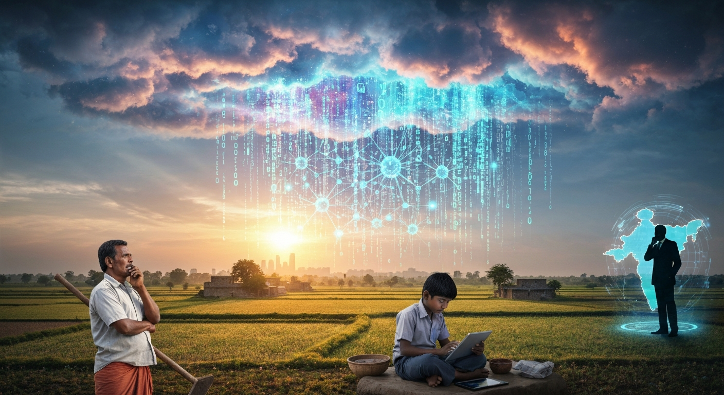 ग्रामीण भारत आणि शहरांवर कृत्रिम बुद्धिमत्ता (AI) च्या 'ढगफुटी'चा परिणाम दर्शवणारे चित्र, डिजिटल दरी आणि सरकारी धोरणांची गरज अधोरेखित करते.