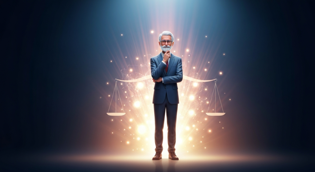 एका ज्ञानी व्यक्तीची प्रतिमा, जी सक्षमता आणि मूल्यांकन दर्शवते, सकारात्मकता आणि दूरदृष्टीचे प्रतीक.