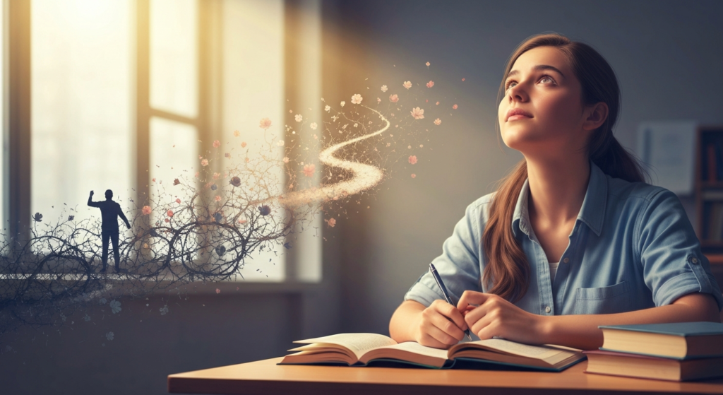 संघर्षातून सकारात्मकतेकडे वाटचाल करणाऱ्या विद्यार्थ्याचे प्रेरणादायी चित्र, जे सकारात्मकतेचं मानसशास्त्र दर्शवते.