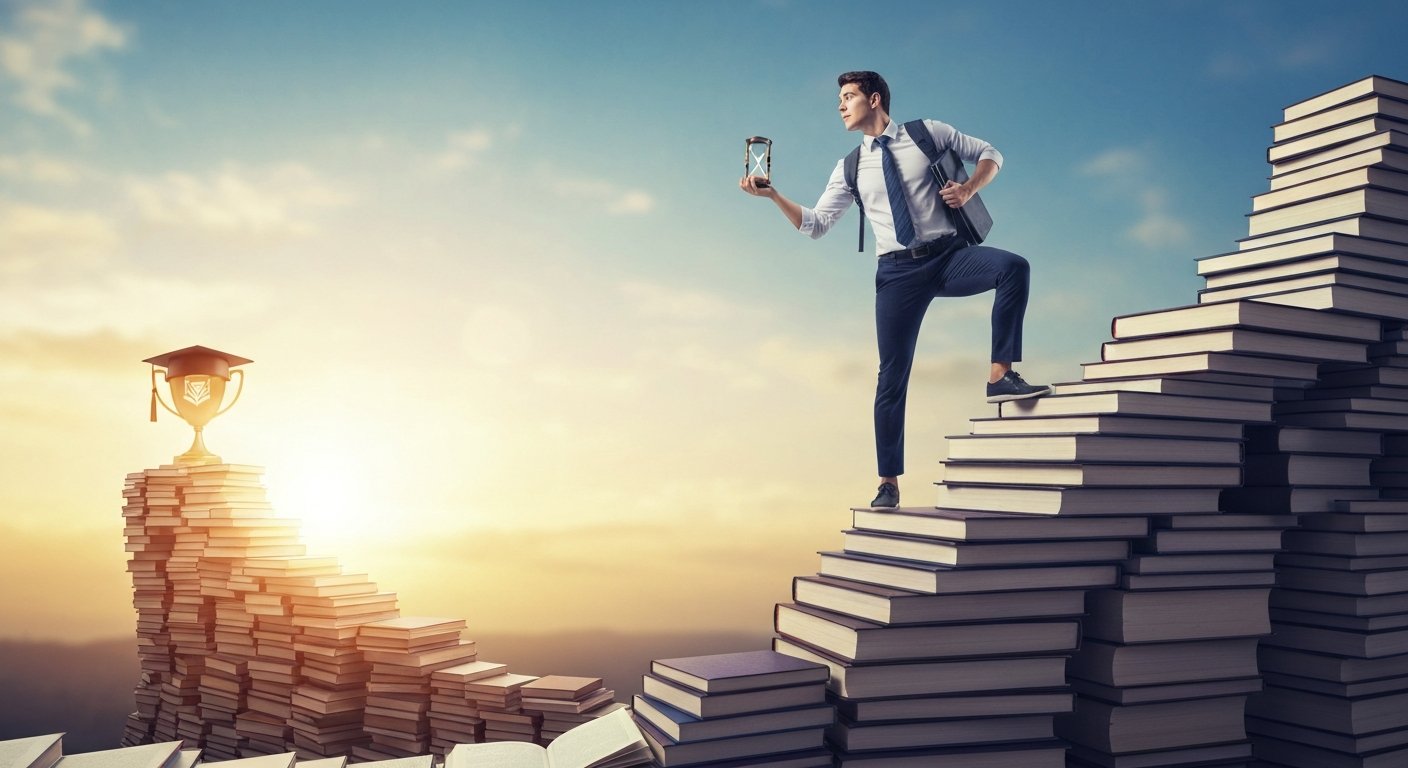 एक विद्यार्थी सातत्य आणि यश मिळवण्यासाठी कठीण मार्गावर चालत आहे, वेळेचे महत्त्व समजावून घेत आहे.